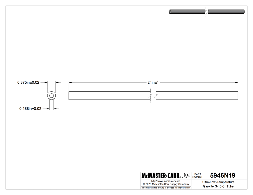 Technical Drawing of Ultra-Low-Temperature Garolite G-10 Cr Tube, 3/32" Wall Thickness, 3/8" OD, 24" Long.